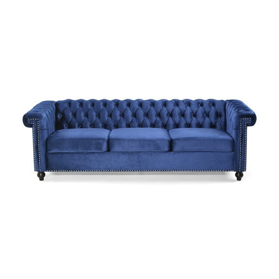 GDF Studio Anders Tufted Chesterfield Velvet 3 Seater Sofa, Midnight Blue and Dark Brown