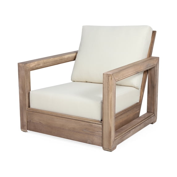 GDF Studio Andrae Outdoor Acacia Wood Club Chair with Cushion, Brown and Beige