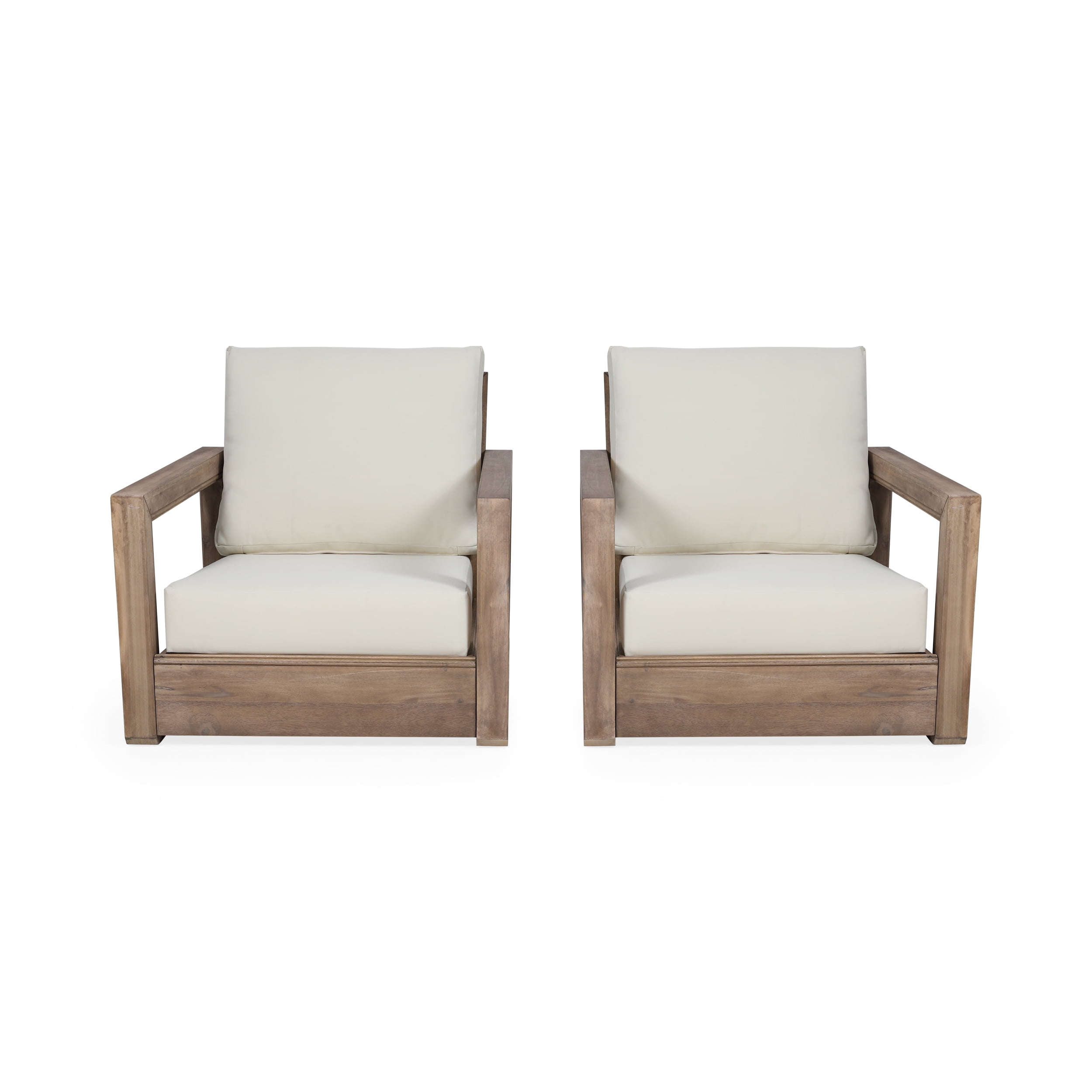 Acacia Wood Outdoor Club Chairs with Beige Cushions, Set of 2