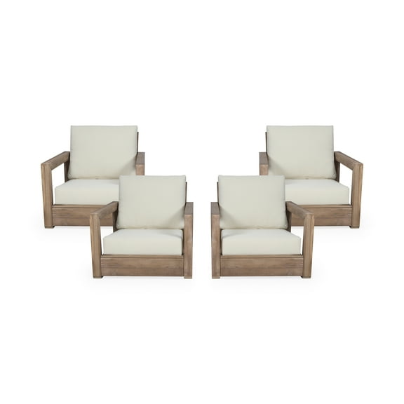 GDF Studio Andrae Outdoor Acacia Wood Club Chairs with Cushions, Set of 4, Brown and Beige
