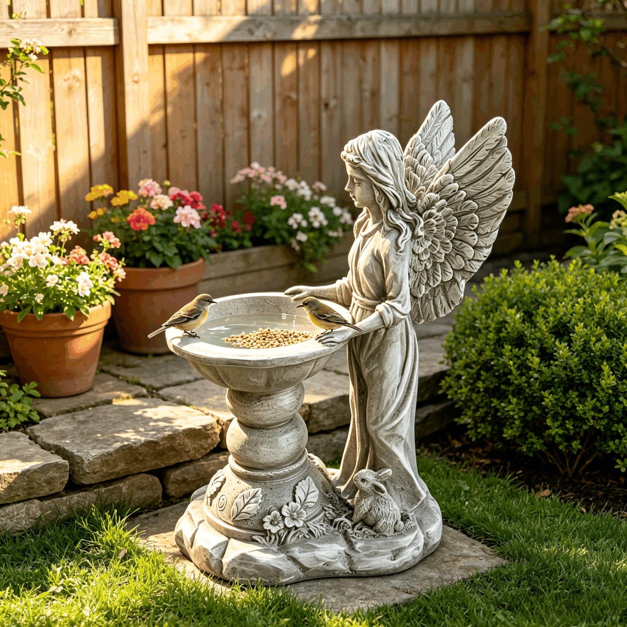 GDF Studio Angel Bird Bath Garden Statue, Vintage Off-White Resin Sculpture Figurine with Bowl, Outdoor Yard Lawn Decor