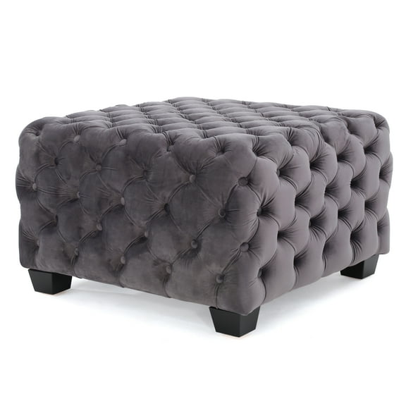 GDF Studio Anikki Modern Glam Velvet Button Tufted Square Ottoman, Gray and Dark Brown