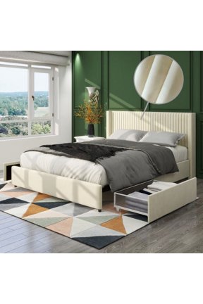 GDF Studio Anna Queen Size Velvet Upholstered Wingback Platform Bed with 2 Drawers Storage, Ivory