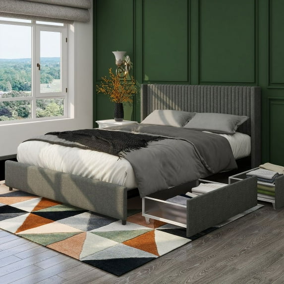GDF Studio Anna Queen Size Linen Upholstered Wingback Platform Bed with 4 Drawers Storage, Gray