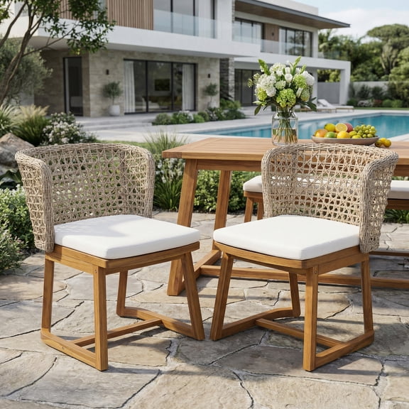 Christopher Knight Home Dome Outdoor Dining Chair Acacia Wood and Light Brown Wicker, Set of 2
