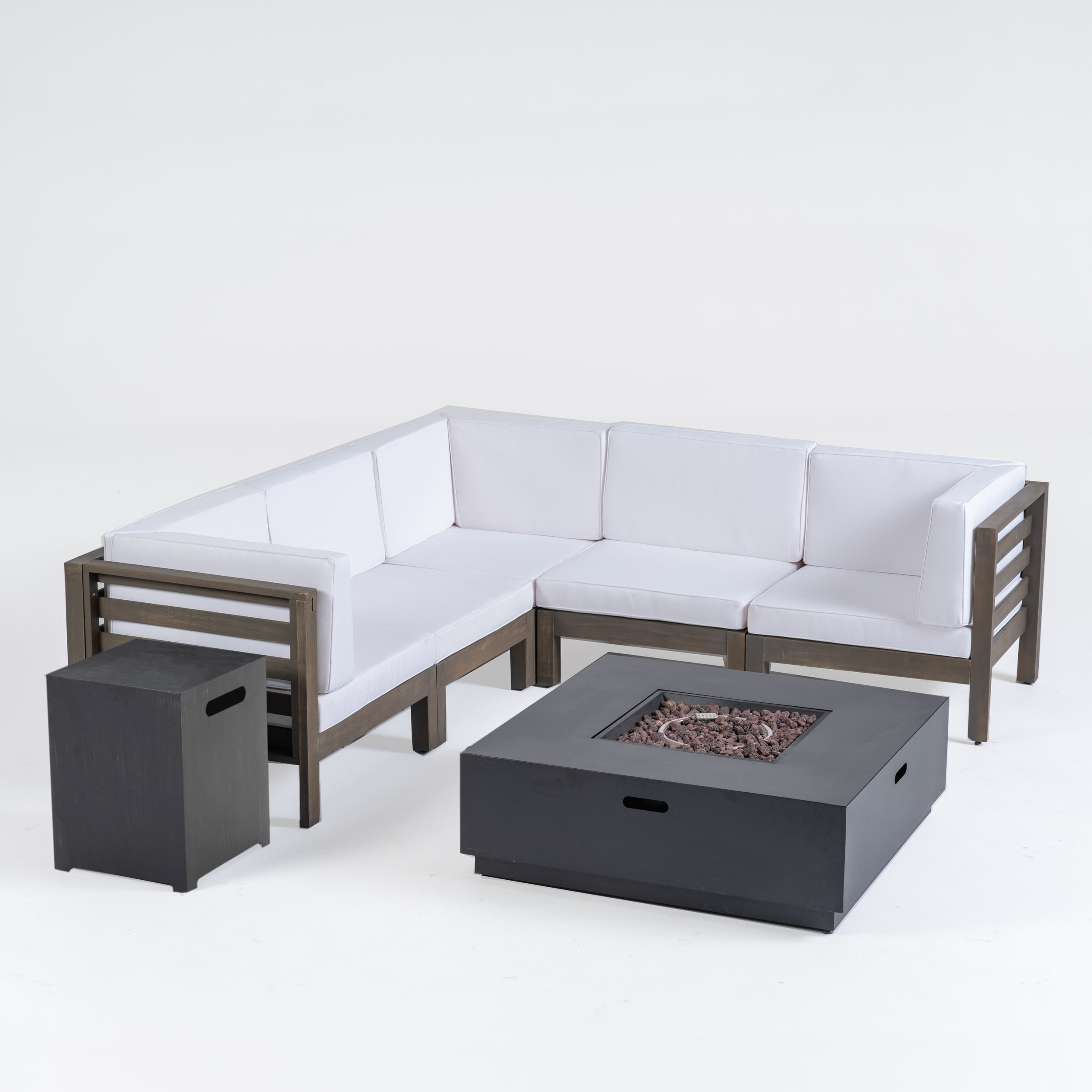 Krystin Outdoor 7 Piece V Shaped Acacia Wood Sectional Sofa Set With Fire Pit And Cushions Gray White