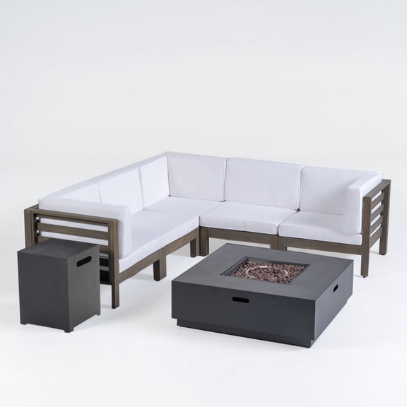 GDF Studio Annabelle Outdoor V-Shaped Sectional Sofa Set with Fire Pit, Gray