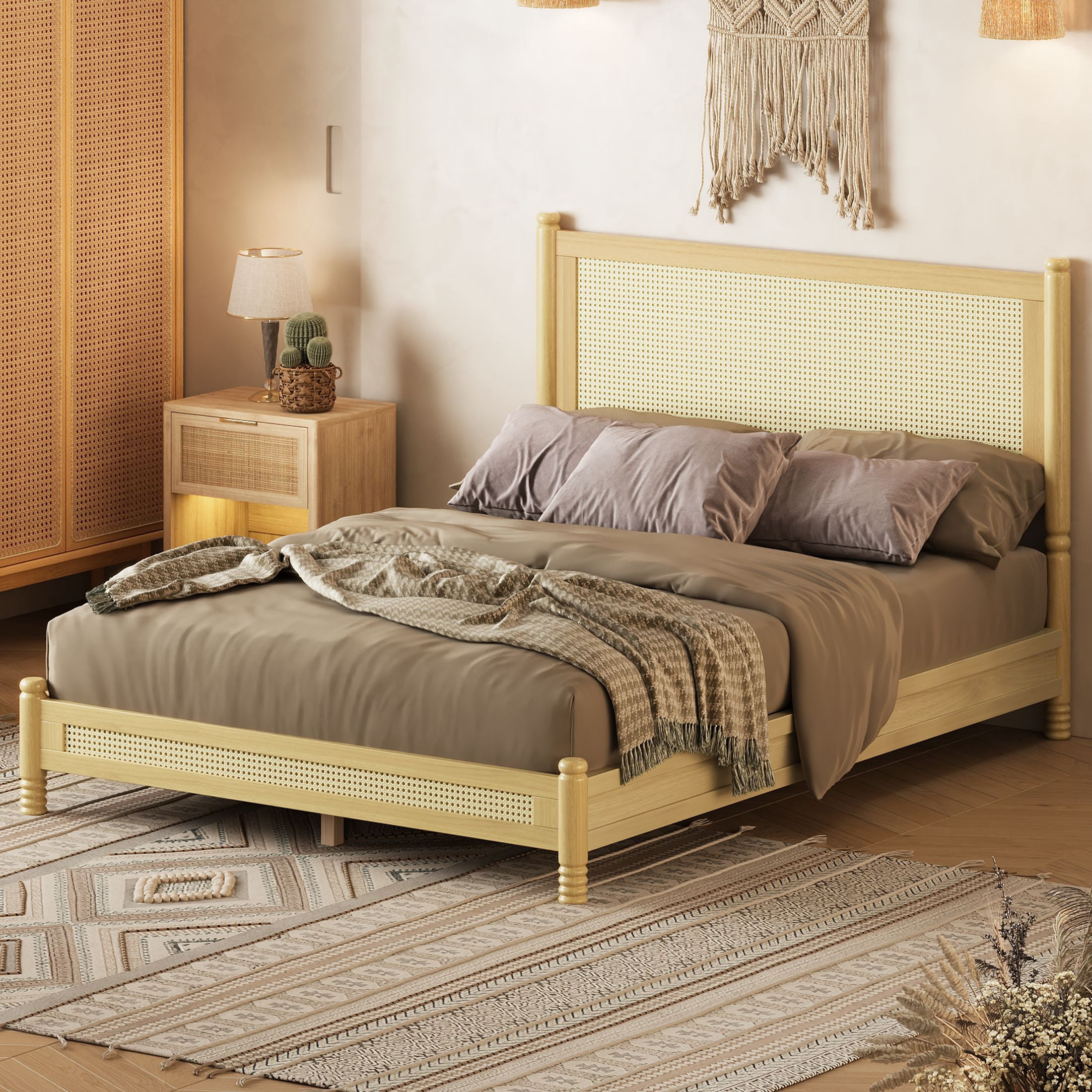 GDF Studio Annes Full Size Boho Rattan Platform Bed Frame with Turned Legs, Woven Cane Pine Wood Bed Frame, Natural