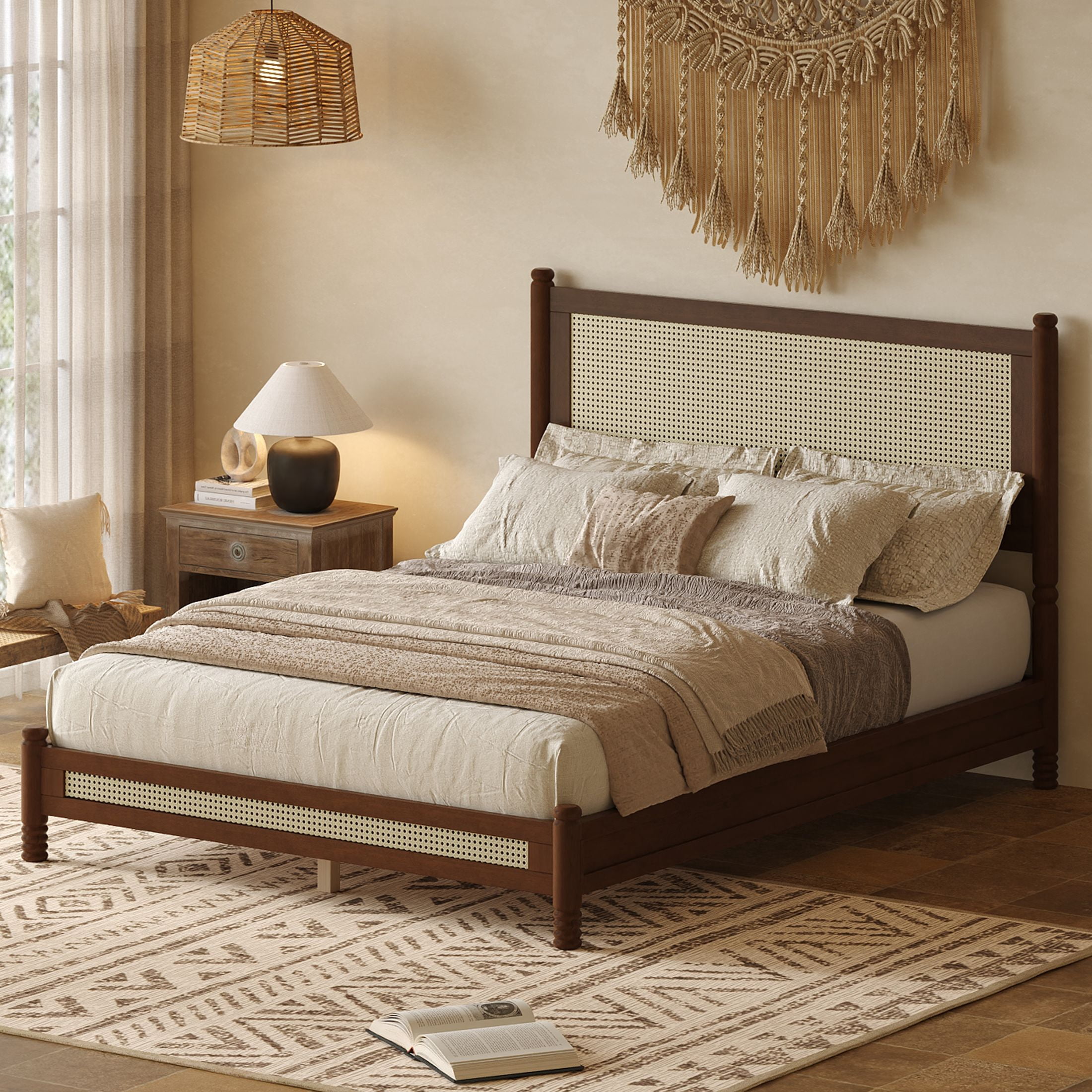 GDF Studio Annes Full Size Boho Rattan Platform Bed Frame with Turned Legs, Woven Cane Pine Wood Bed Frame, Walnut