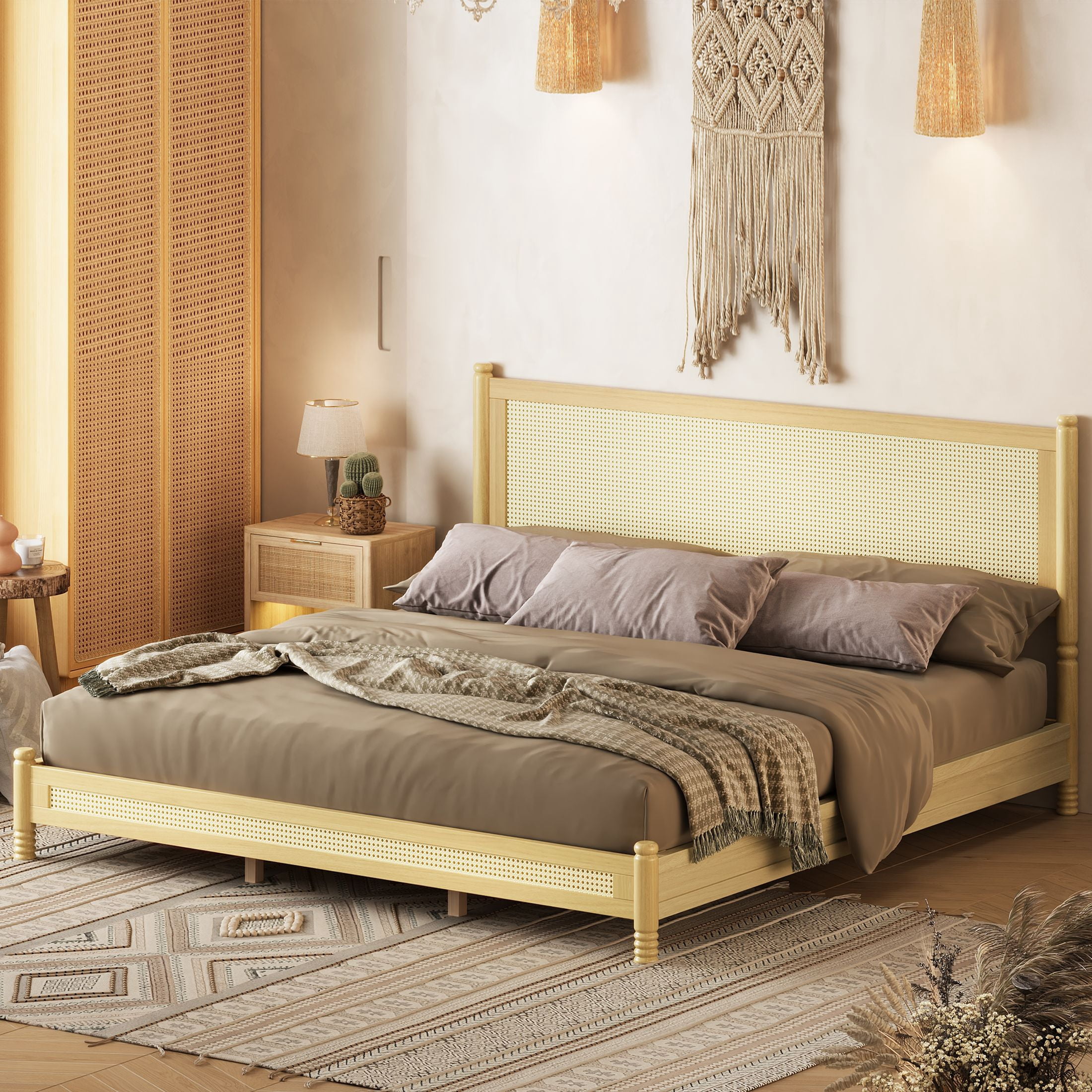 GDF Studio Annes King Size Boho Rattan Platform Bed Frame with Turned Legs, Woven Cane Pine Wood Bed Frame, Natural