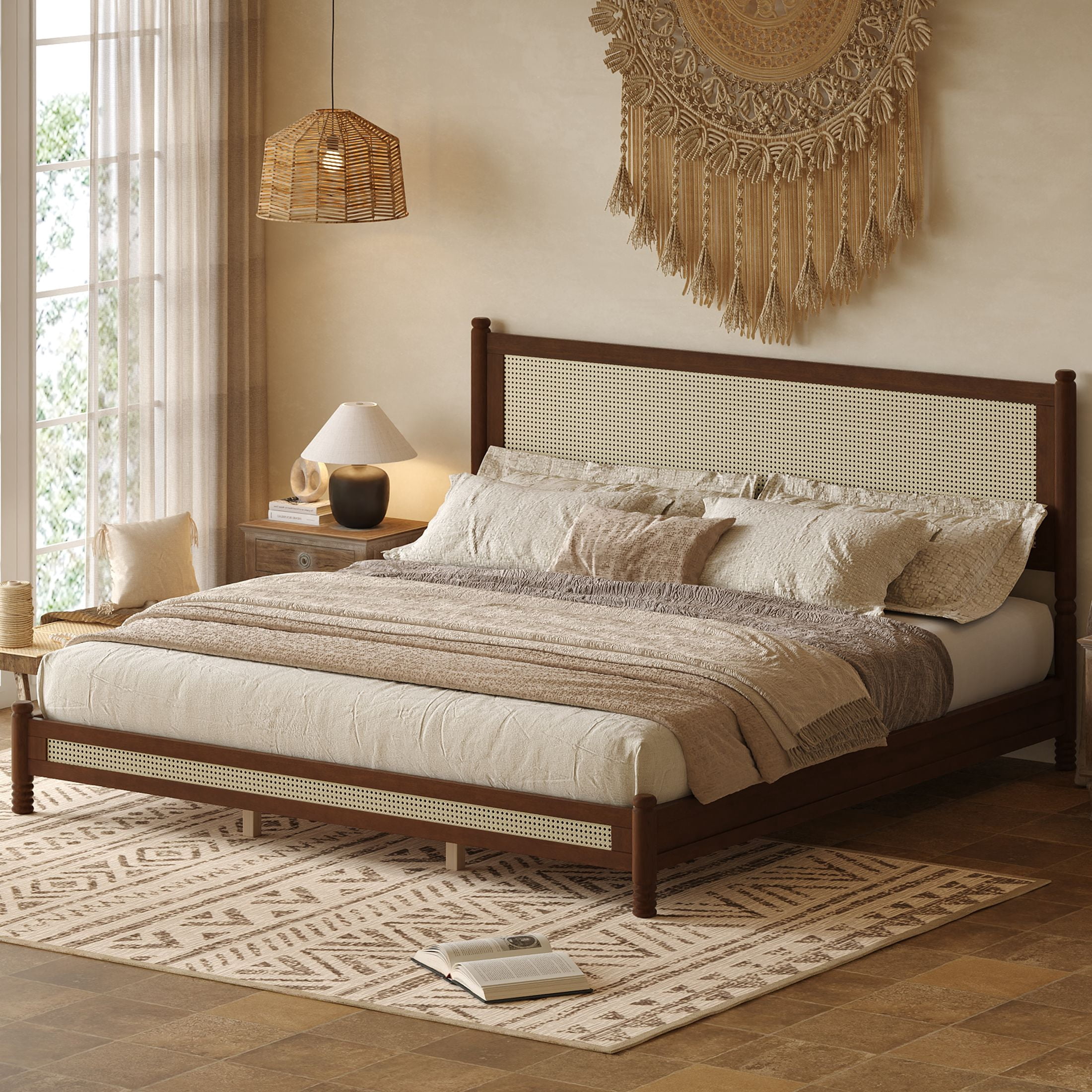 GDF Studio Annes King Size Boho Rattan Platform Bed Frame with Turned Legs, Woven Cane Pine Wood Bed Frame, Walnut