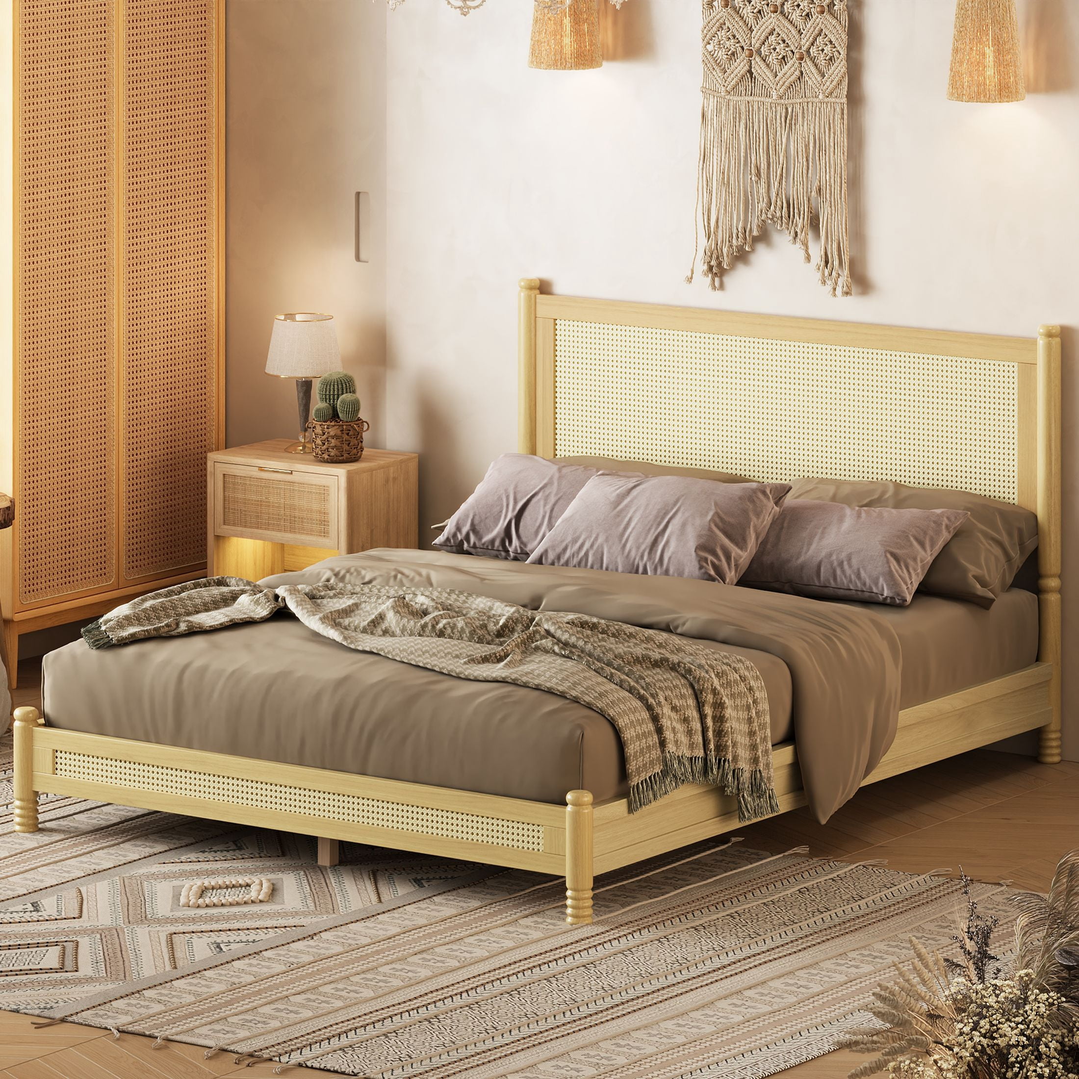 GDF Studio Annes Queen Size Boho Rattan Platform Bed Frame with Turned Legs, Woven Cane Pine Wood Bed Frame, Natural