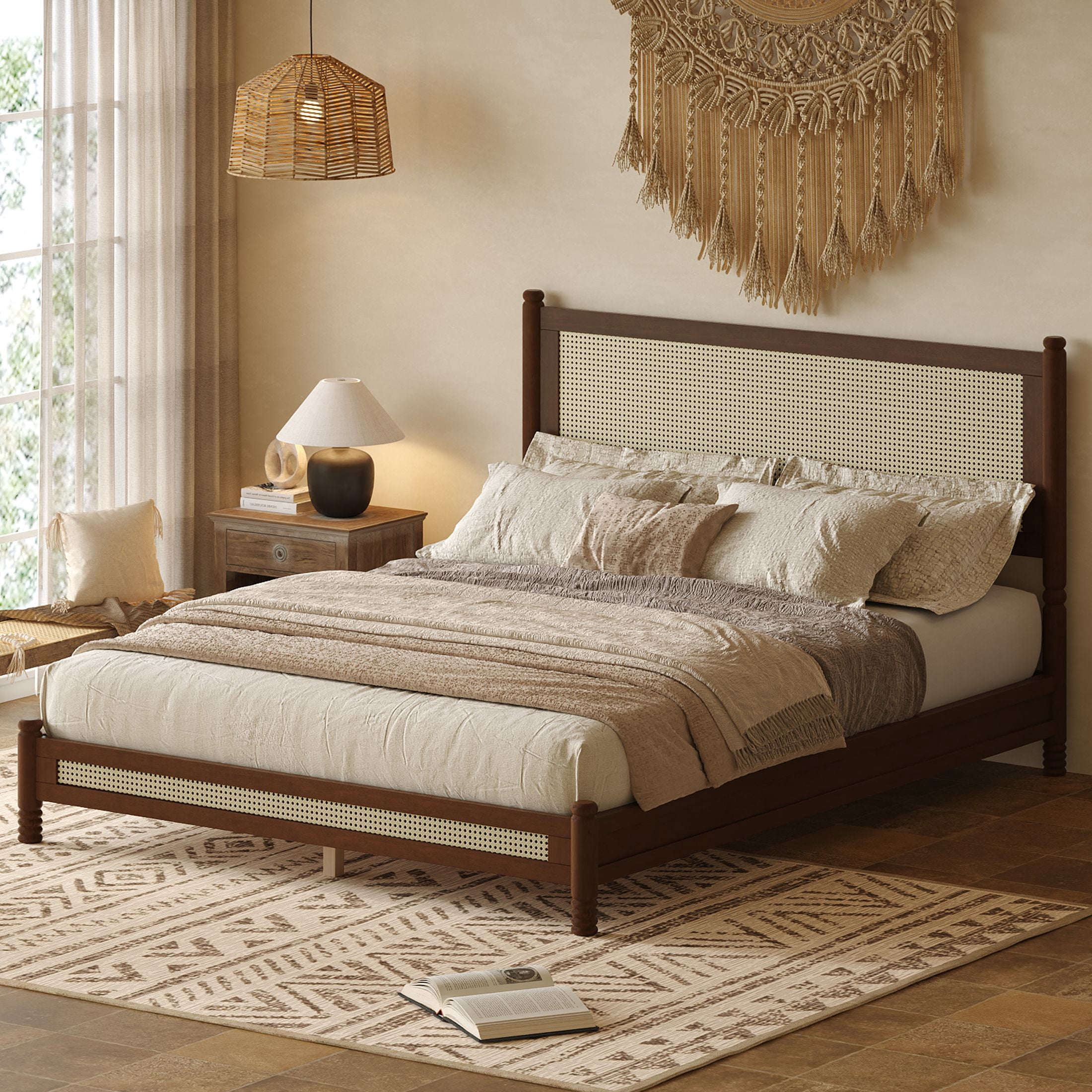 GDF Studio Annes Queen Size Boho Rattan Platform Bed Frame with Turned Legs, Woven Cane Pine Wood Bed Frame, Walnut