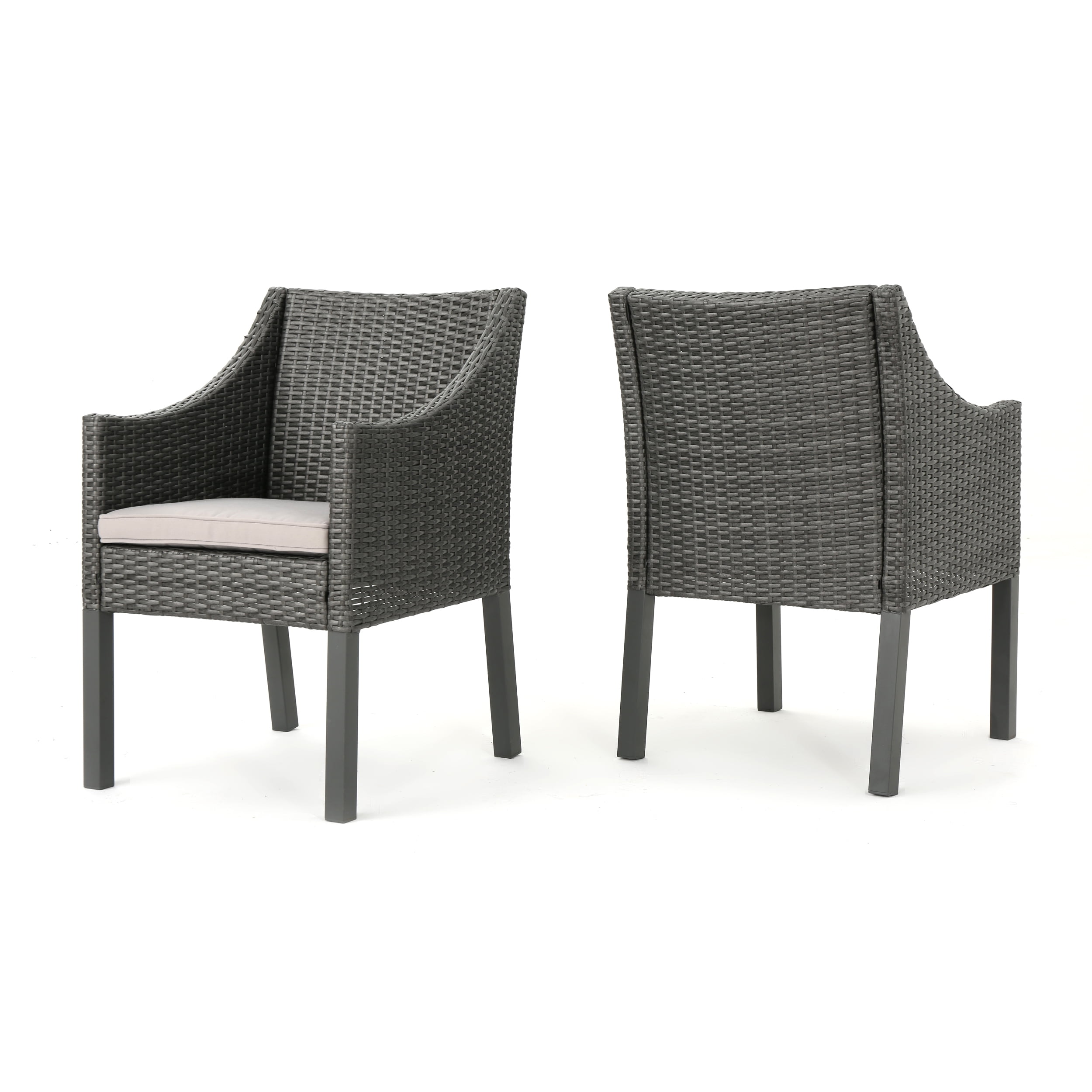 Gray and Silver Wicker Outdoor Dining Chairs with Cushions, Set of 2