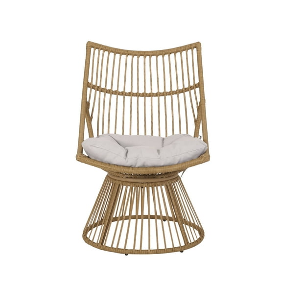 GDF Studio Apulia Outdoor Wicker Club Chair with Cushions, Light Brown, Beige