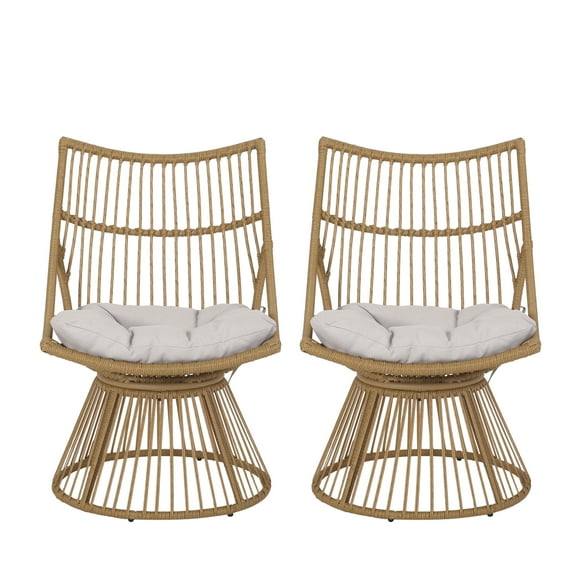 GDF Studio Apulia Outdoor Wicker High Back Lounge Chairs with Cushion, Set of 2, Light Brown and Beige
