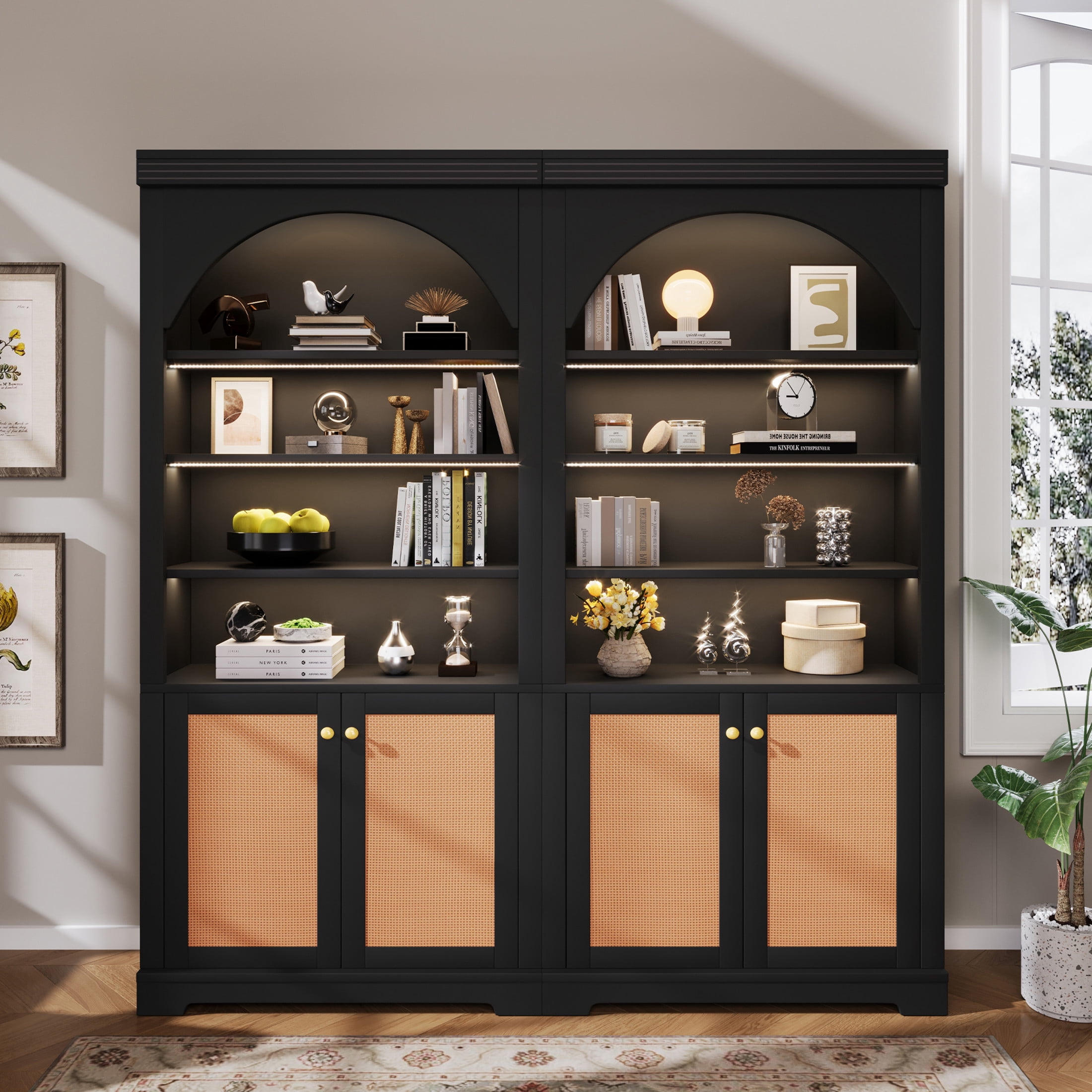 GDF Studio Arbor Arched Bookshelf with LED Lighting, Storage Cabinet & Adjustable Shelves for Home Office, Black & Brown, Set of 2