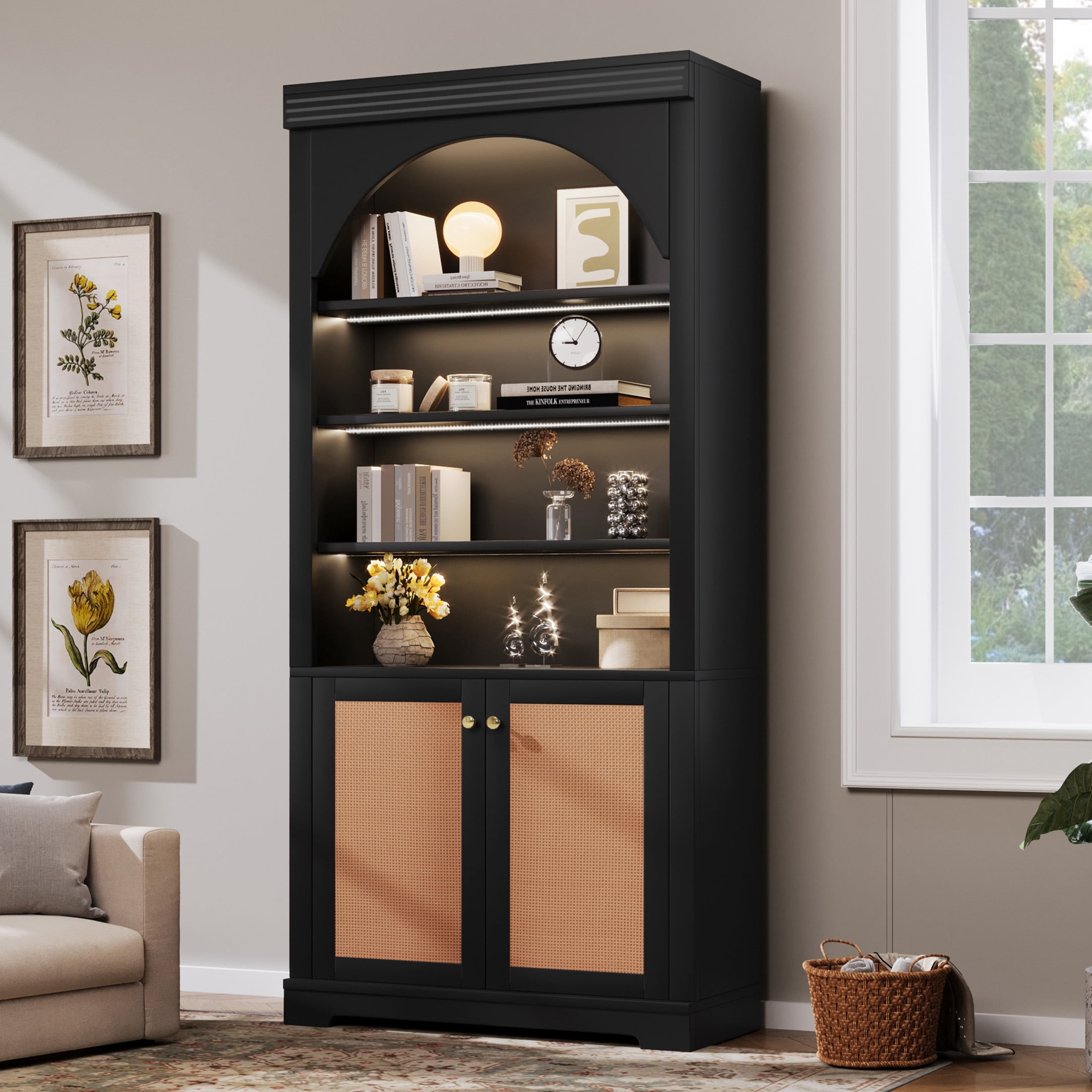 GDF Studio Arbor Arched Bookshelf with LED Lighting, Storage Cabinet & Adjustable Shelves for Home Office, Black & Brown