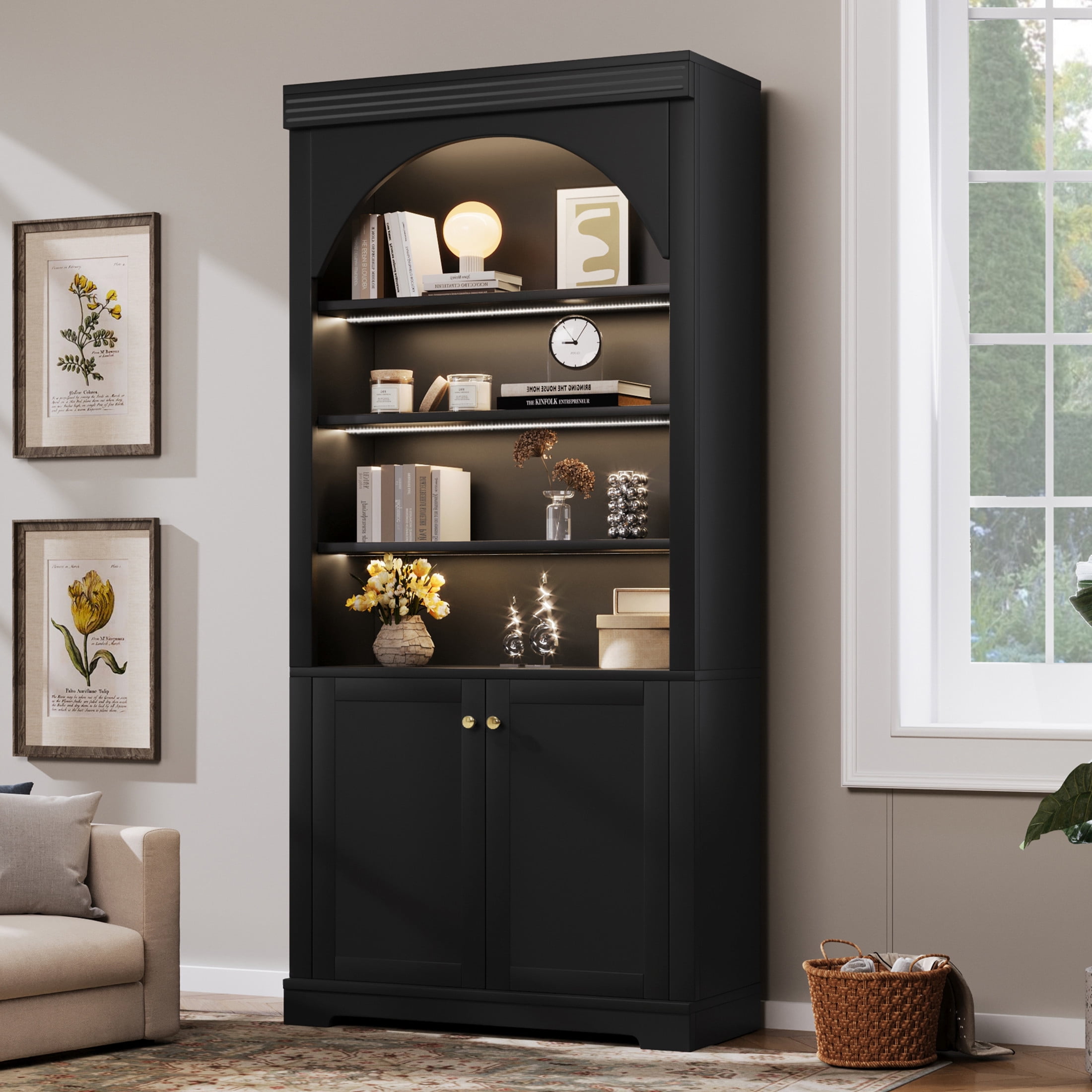 GDF Studio Arbor Arched Bookshelf with LED Lighting, Storage Cabinet & Adjustable Shelves for Home Office, Black