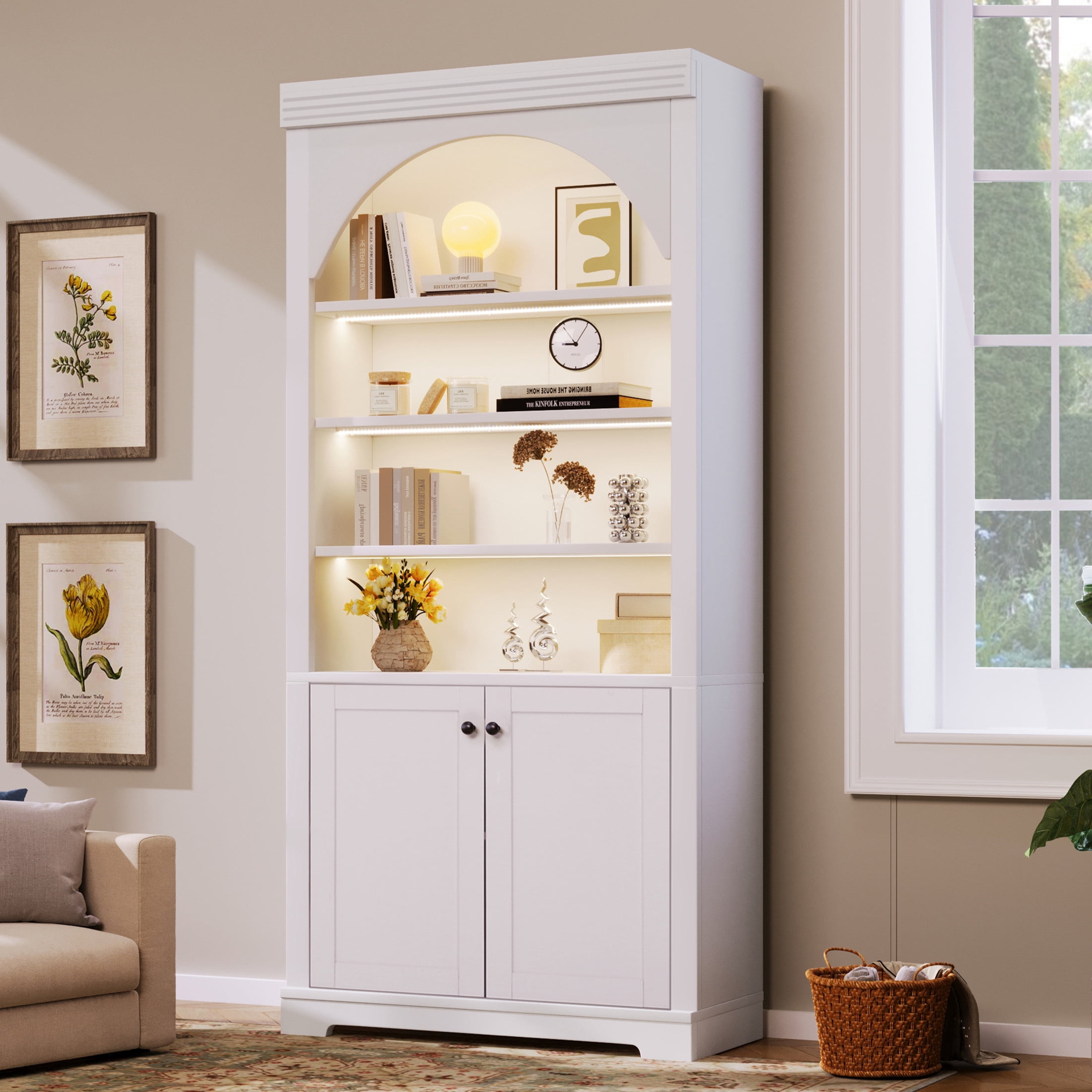 GDF Studio Arbor Arched Bookshelf with LED Lighting, Storage Cabinet & Adjustable Shelves for Home Office, White