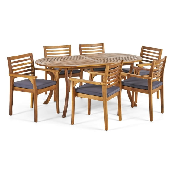 GDF Studio Arezzo Outdoor Acacia Wood 7 Piece Dining Set with Cushion, Teak and Dark Gray