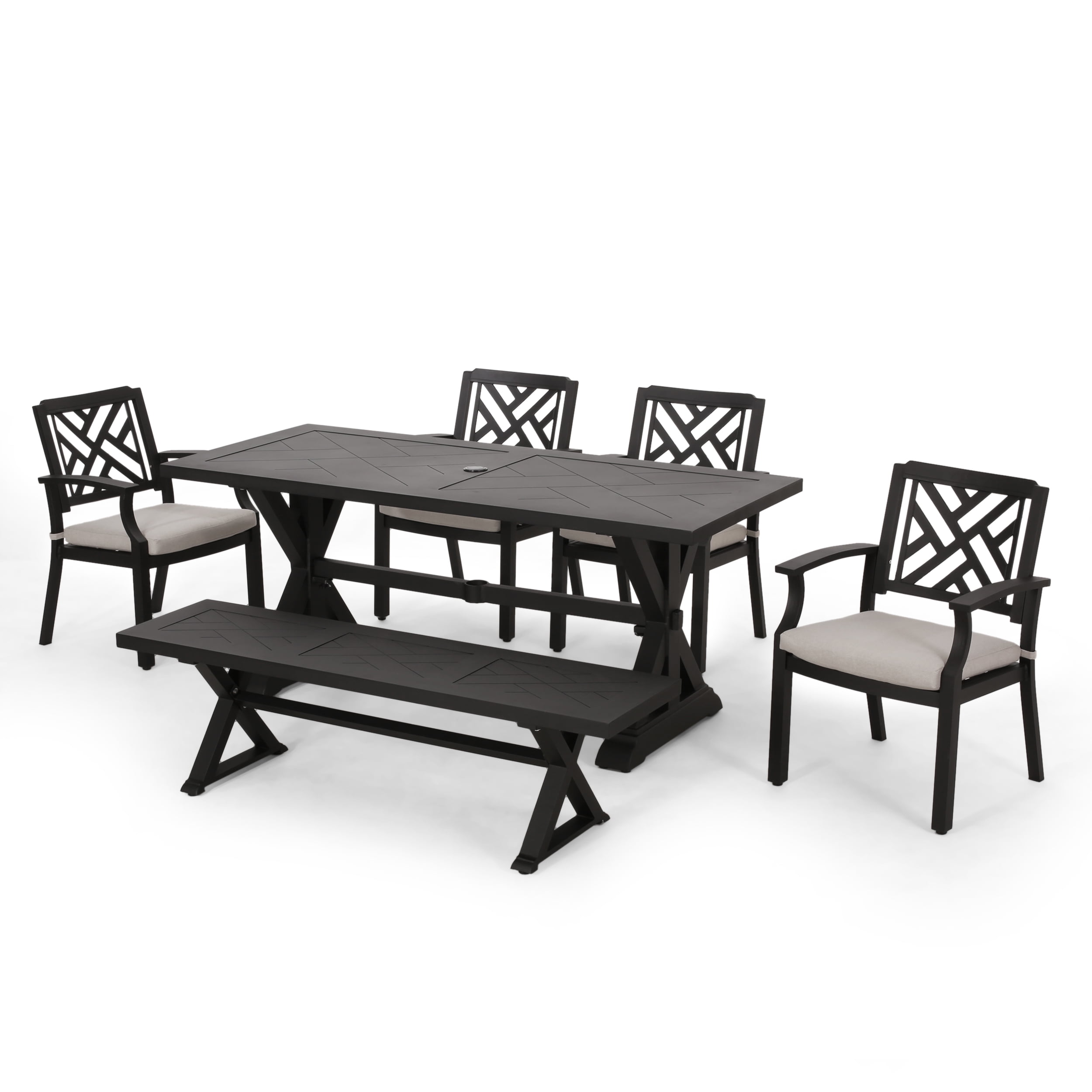 GDF Studio Arlene Outdoor Aluminum 6 Piece Dining Set with Bench, Antique Black and Light Beige