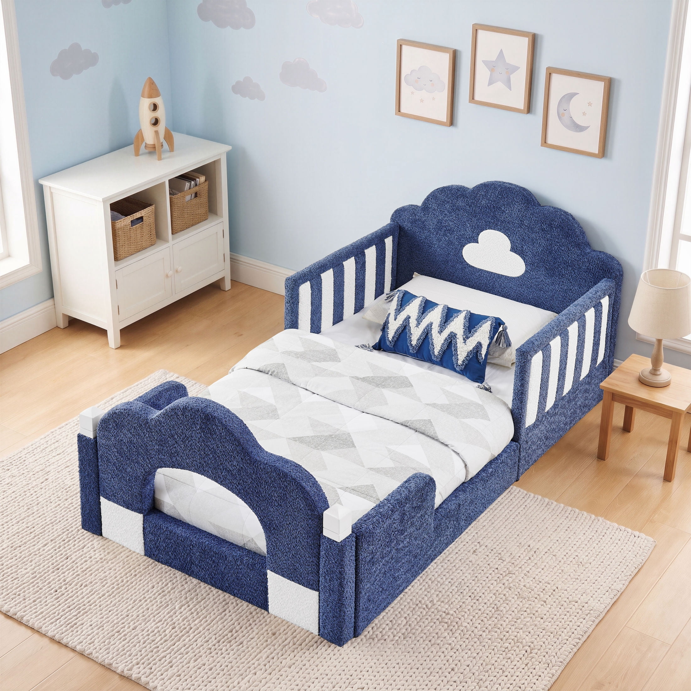 GDF Studio Arvion Twin Size Cloud Bed with Safety Guardrails & Solid Wood Frame, Boucle Fabric Upholstered Bed, Navy