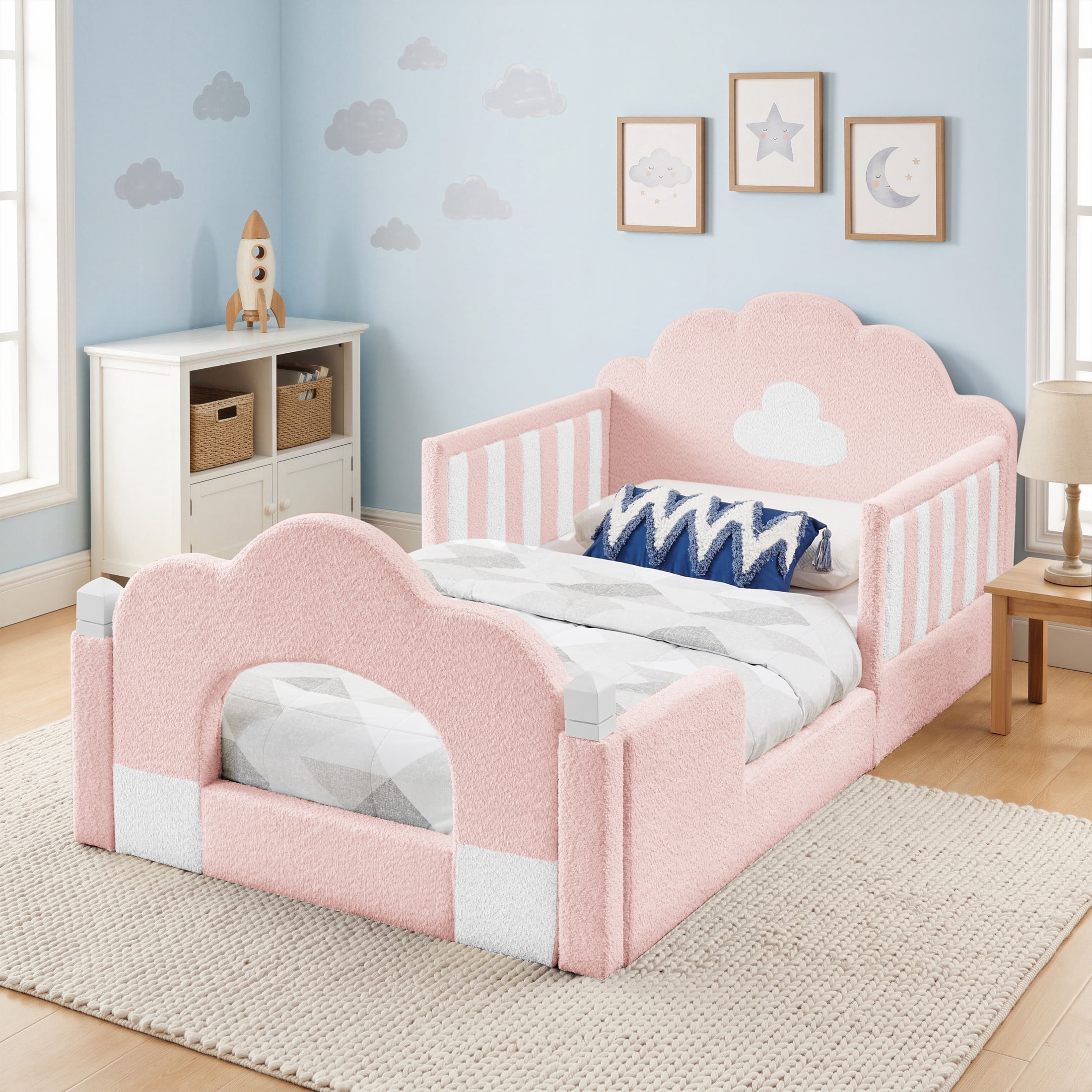 GDF Studio Arvion Twin Size Cloud Bed with Safety Guardrails & Solid Wood Frame, Boucle Fabric Upholstered Bed, Pink