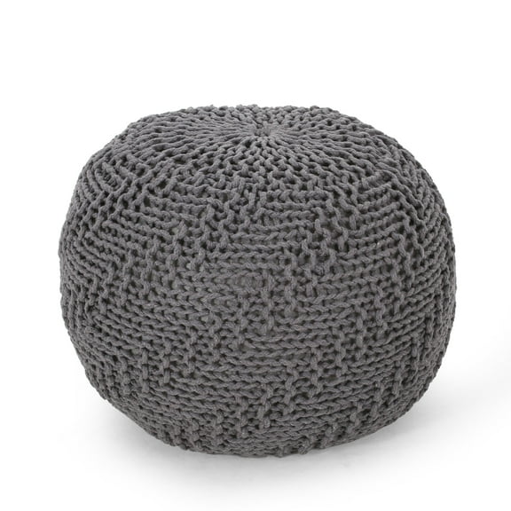 GDF Studio Ashbury Outdoor Modern Handmade Cotton Knit Round Pouf, Dark Gray