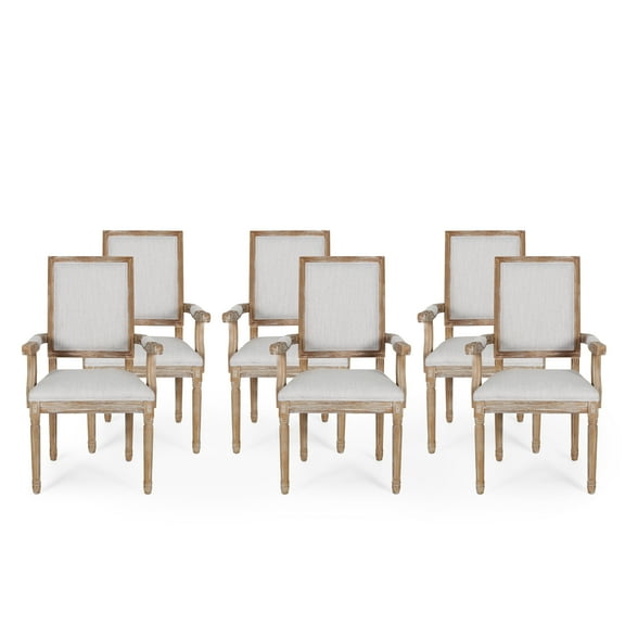 GDF Studio Ashlyn French Country Fabric Upholstered Wood Dining Chairs, Set of 6, Light Gray and Natural