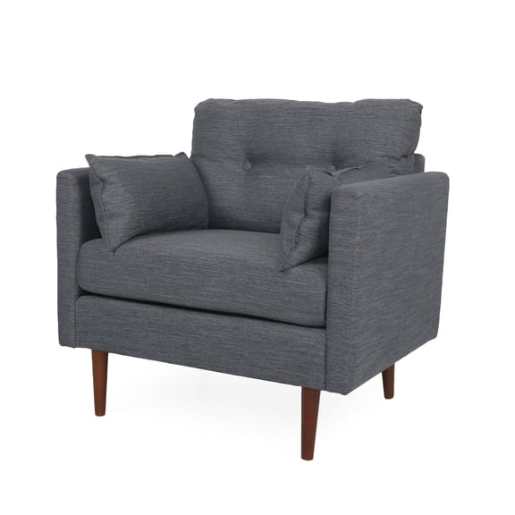GDF Studio Ashuelot Mid Century Modern Fabric Tufted Club Chair with Accent Pillows, Charcoal and Walnut