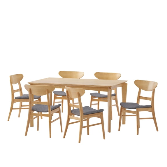 GDF Studio Atherton Wood and Fabric 7 Piece Dining Set, Natural Oak, Dark Gray