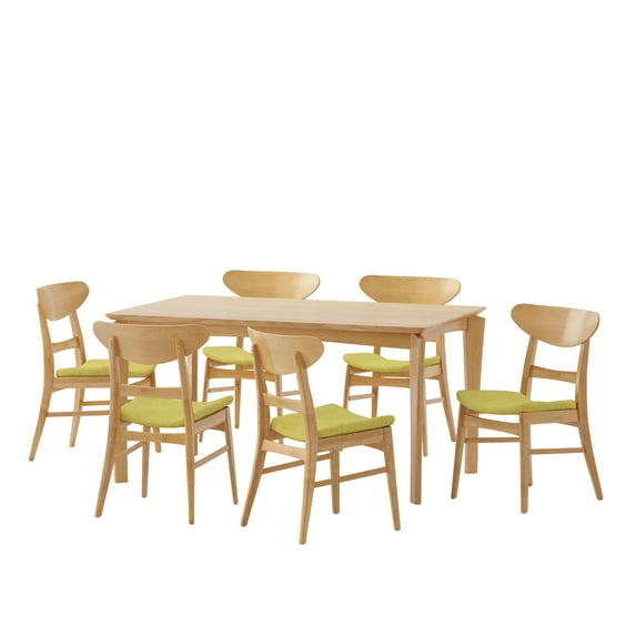 GDF Studio Atherton Wood and Fabric 7 Piece Dining Set, Natural Oak, Green Tea