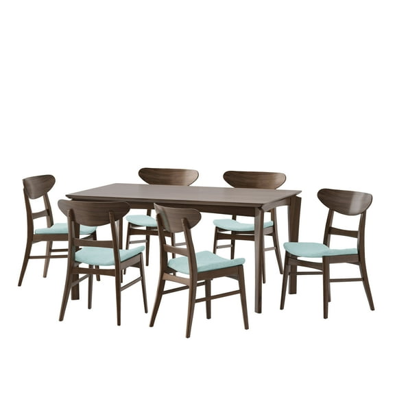 GDF Studio Atherton Wood and Fabric 7 Piece Dining Set, Walnut, Mint