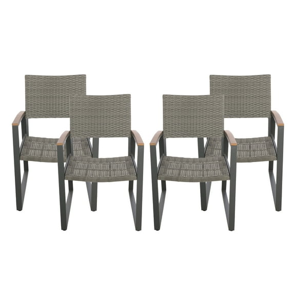 GDF Studio Augusta Outdoor Aluminum Dining Chairs with Faux Wood Accents, Set of 4, Gray, Natural Brown, Wicker
