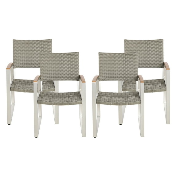GDF Studio Augusta Outdoor Aluminum Dining Chairs with Faux Wood Accents, Set of 4, Silver, Gray, Natural Brown, Wicker