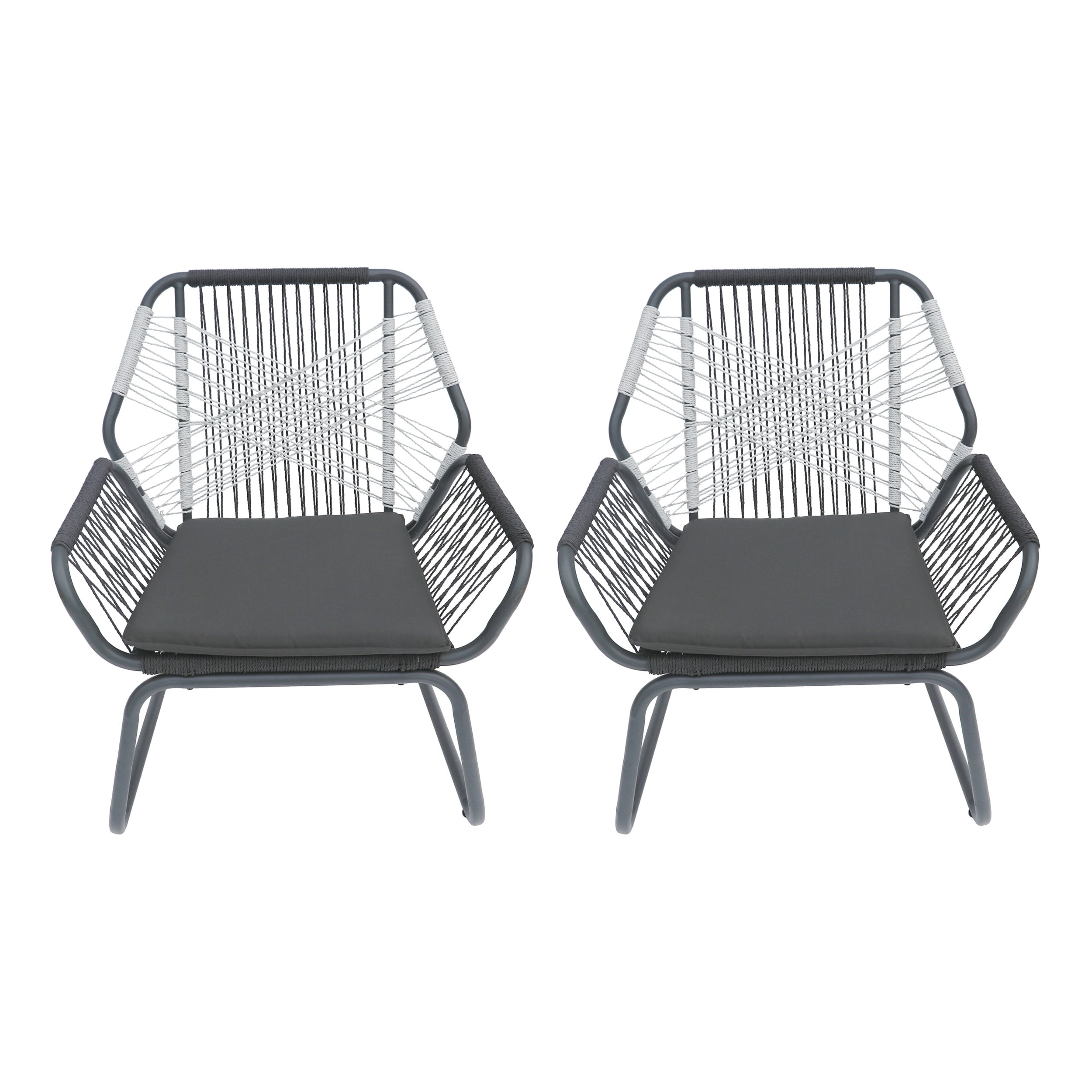 GDF Studio Ava Outdoor Woven Patio Rope & Steel Club Chairs, Cushion