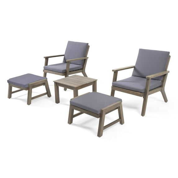 GDF Studio Avacyn Outdoor Acacia Wood 5 Piece Club Chair and Ottoman Chat Set with Cushions, Gray and Dark Gray