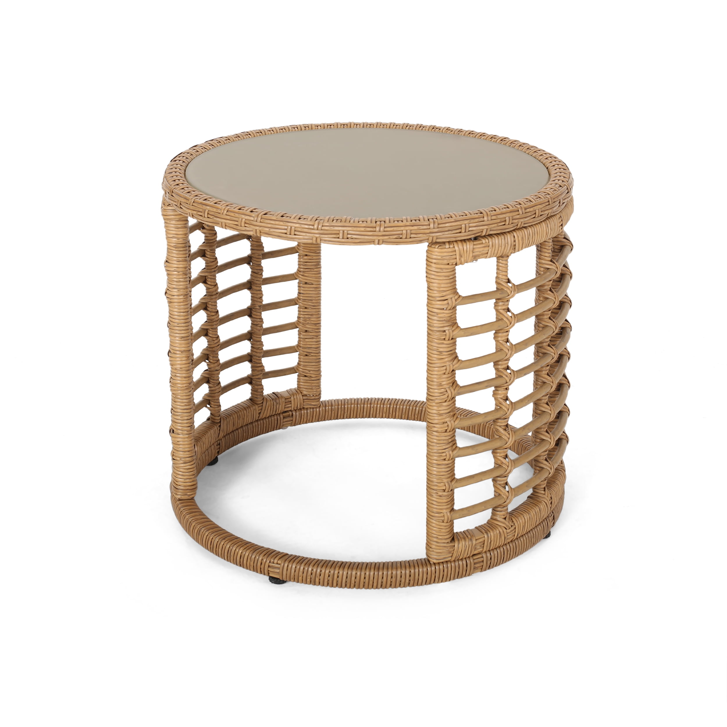 Light Brown Round Wicker and Steel Side Table with Glass Top