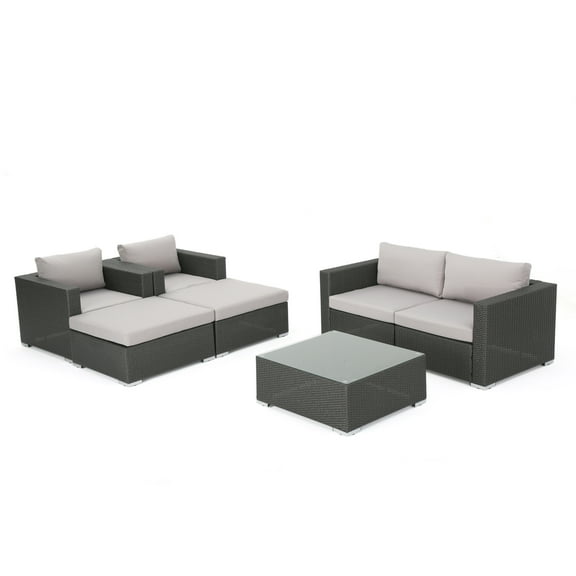 GDF Studio Avianna Outdoor Wicker 4 Seater Loveseat and Club Chair Chat Set with Ottomans, Gray and Light Gray