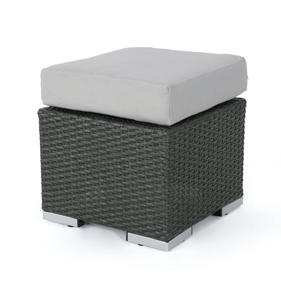 GDF Studio Avianna Outdoor Wicker Ottoman with Cushion, Gray and Light Gray