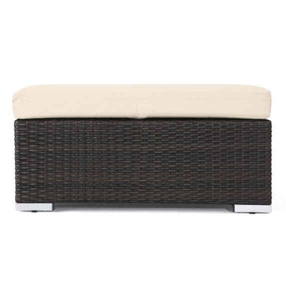GDF Studio Avianna Outdoor Wicker Ottoman with Cushion, Multibrown, Beige
