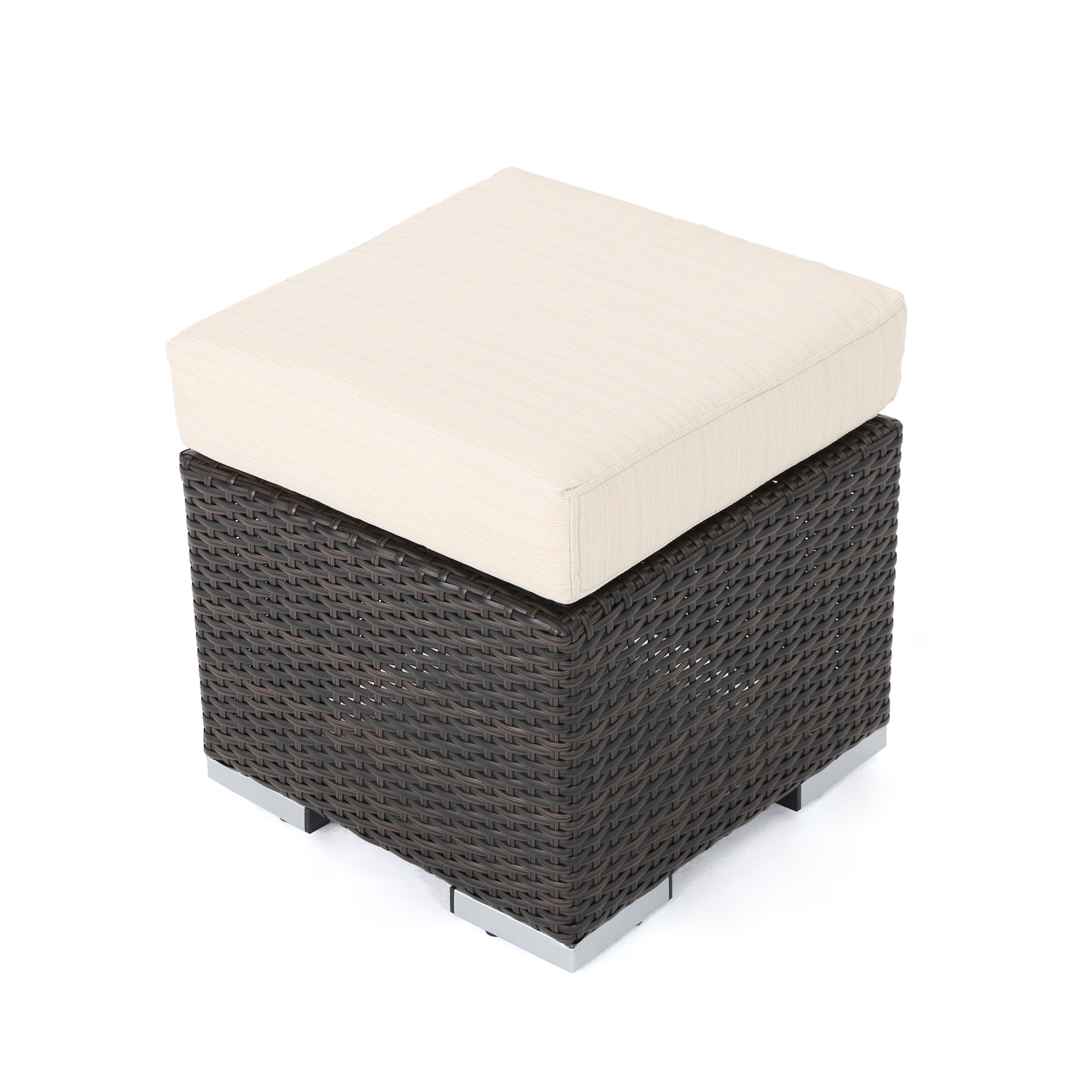 Multibrown and Beige Faux Rattan Outdoor Ottoman with Water-Resistant Cushion