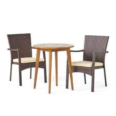 GDF Studio Axel Outdoor Acacia Wood and Wicker 3 Piece Bistro Set with Cushions, Teak, Multibrown, and Cream