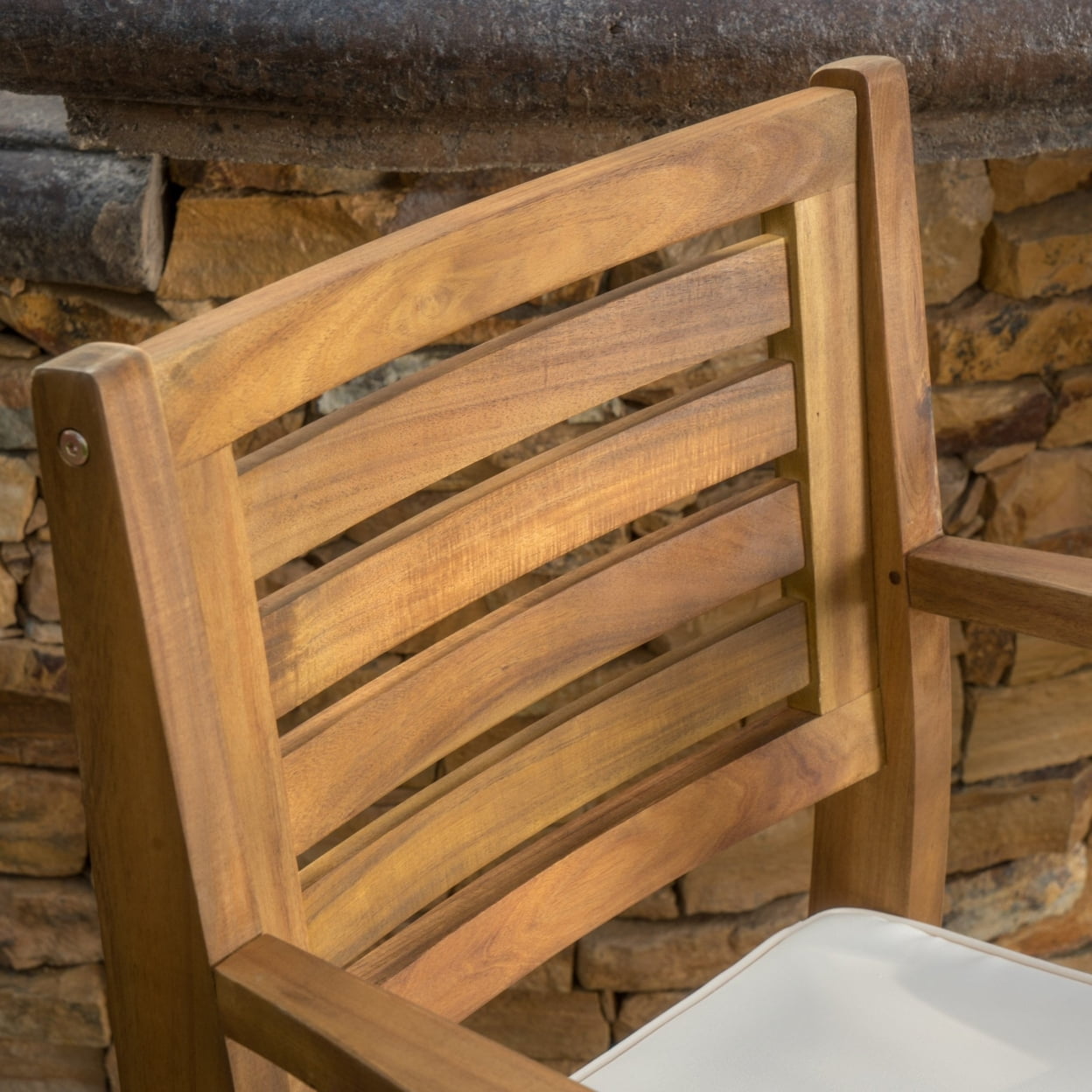 Teak Finish Acacia Wood Outdoor Barstools with Cream Cushions - Set of 4