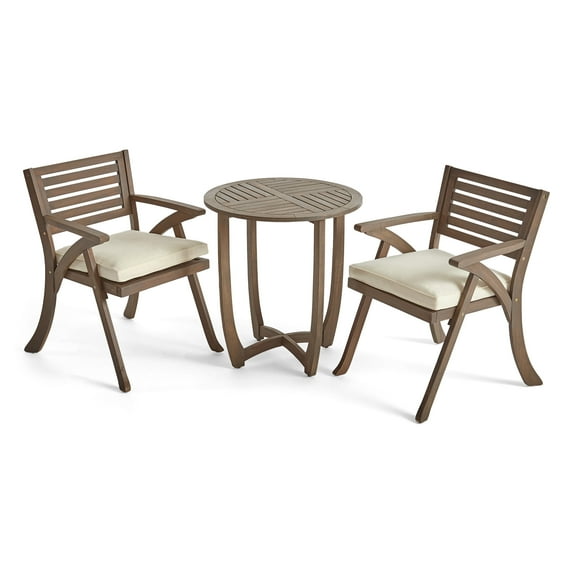 GDF Studio Baia Outdoor Acacia Wood 3 Piece Bistro Set with Cushion, Gray and Cream