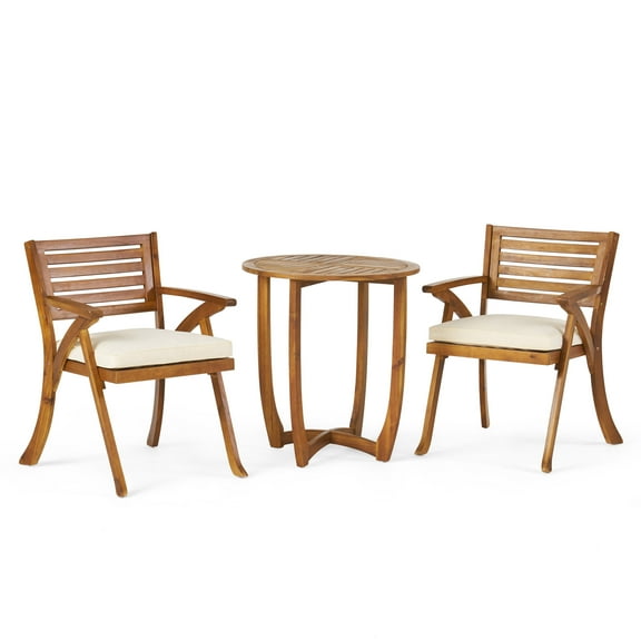 GDF Studio Baia Outdoor Acacia Wood 3 Piece Bistro Set with Cushion, Teak and Cream