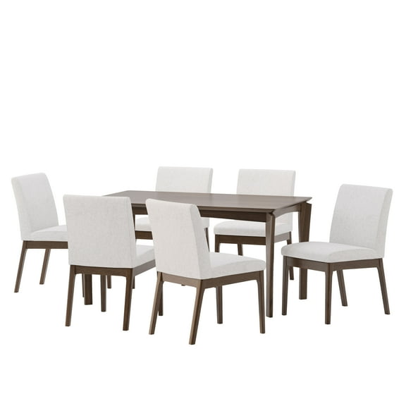 GDF Studio Ballantrae Wood and Fabric 7 Piece Dining Set, Walnut, Light Beige