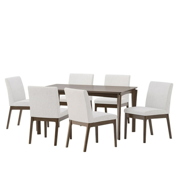 GDF Studio Ballantrae Wood and Fabric 7 Piece Dining Set, Walnut, Light Beige