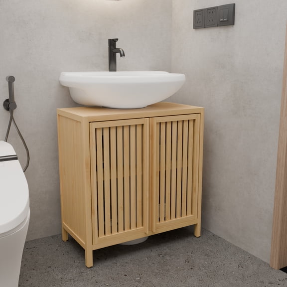 GDF Studio Bamboo Bathroom Basin Cabinet with Double Doors, Vanity Base Only, Natural
